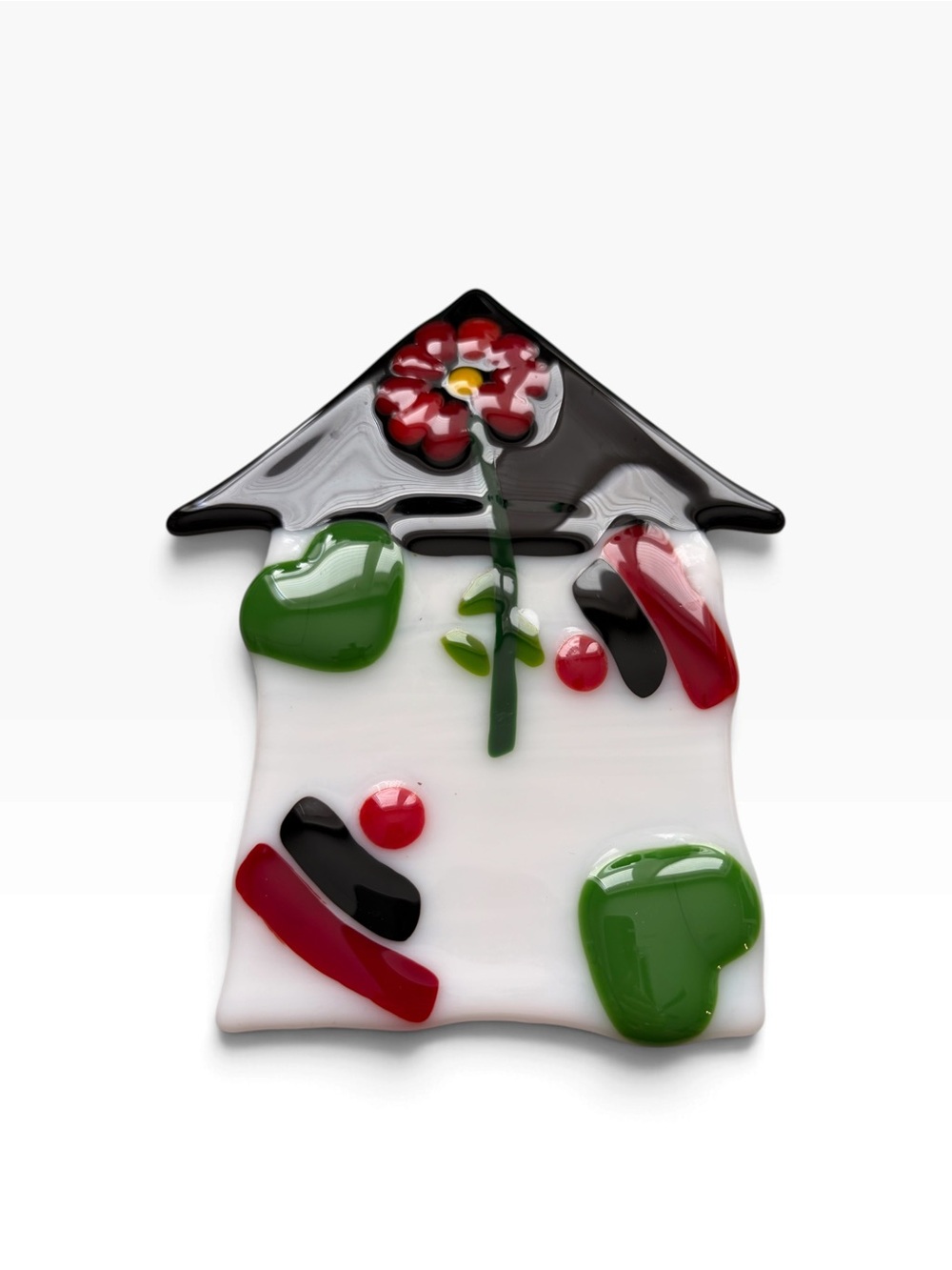 Handcrafted decorative art glass house red white and green